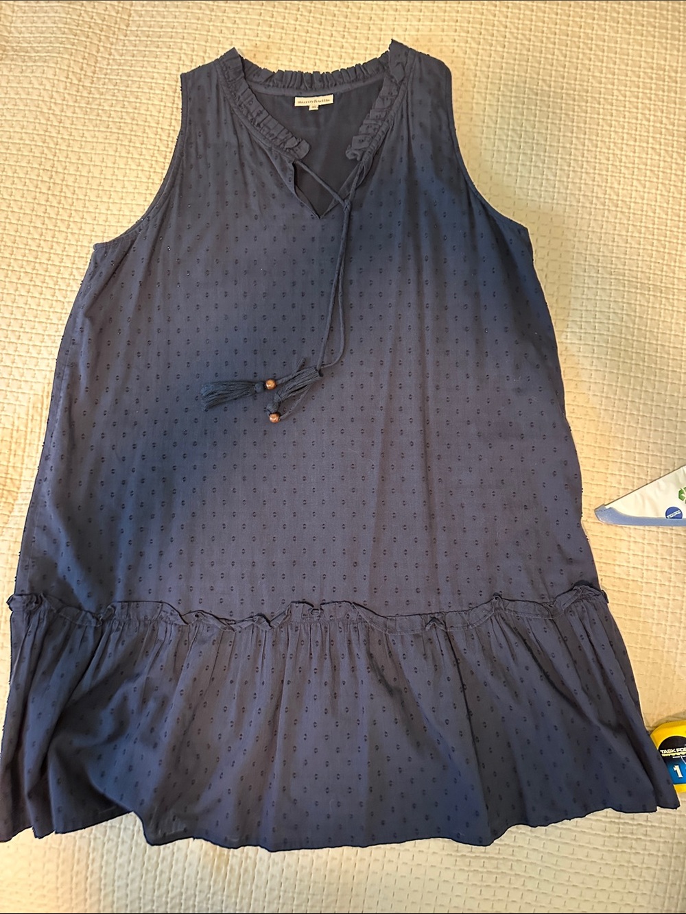 Navy Sleeveless Ruffle Hem Tunic with Tassel Tie
